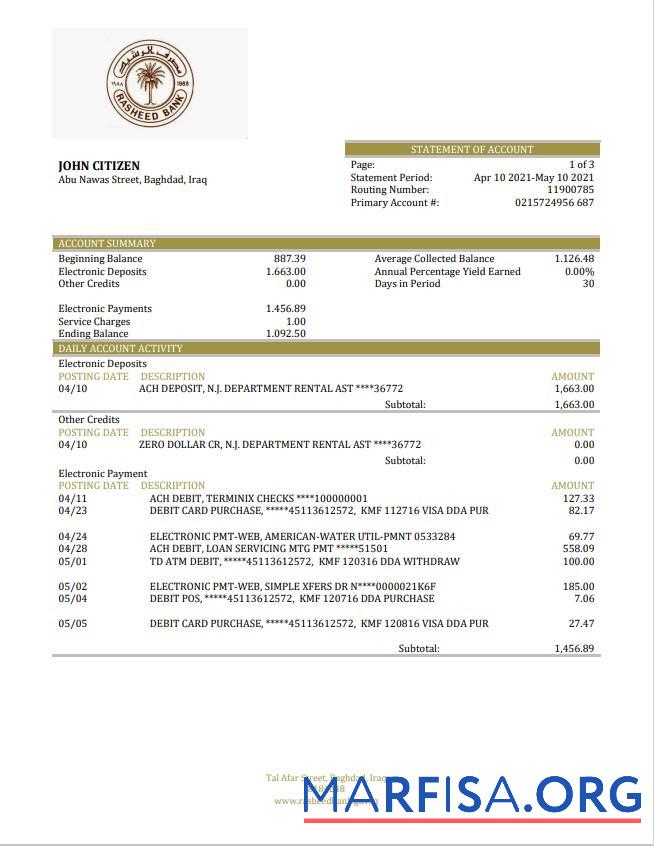 Downloadable Iraq Rasheed bank statement word real example